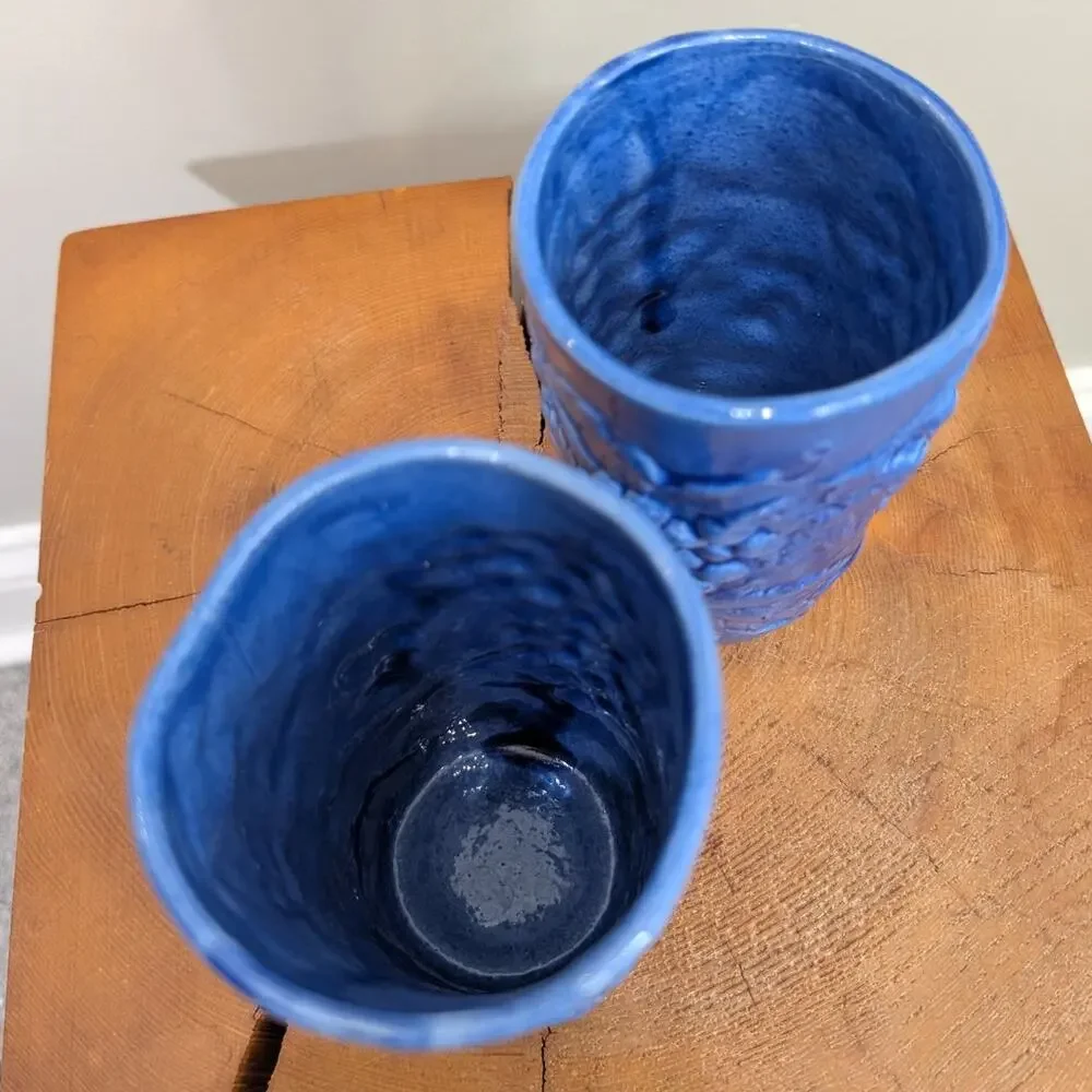 Inarco Pottery Cups Mood Indigo Grapevine Motif Blue Ceramic Stoneware Set of 2